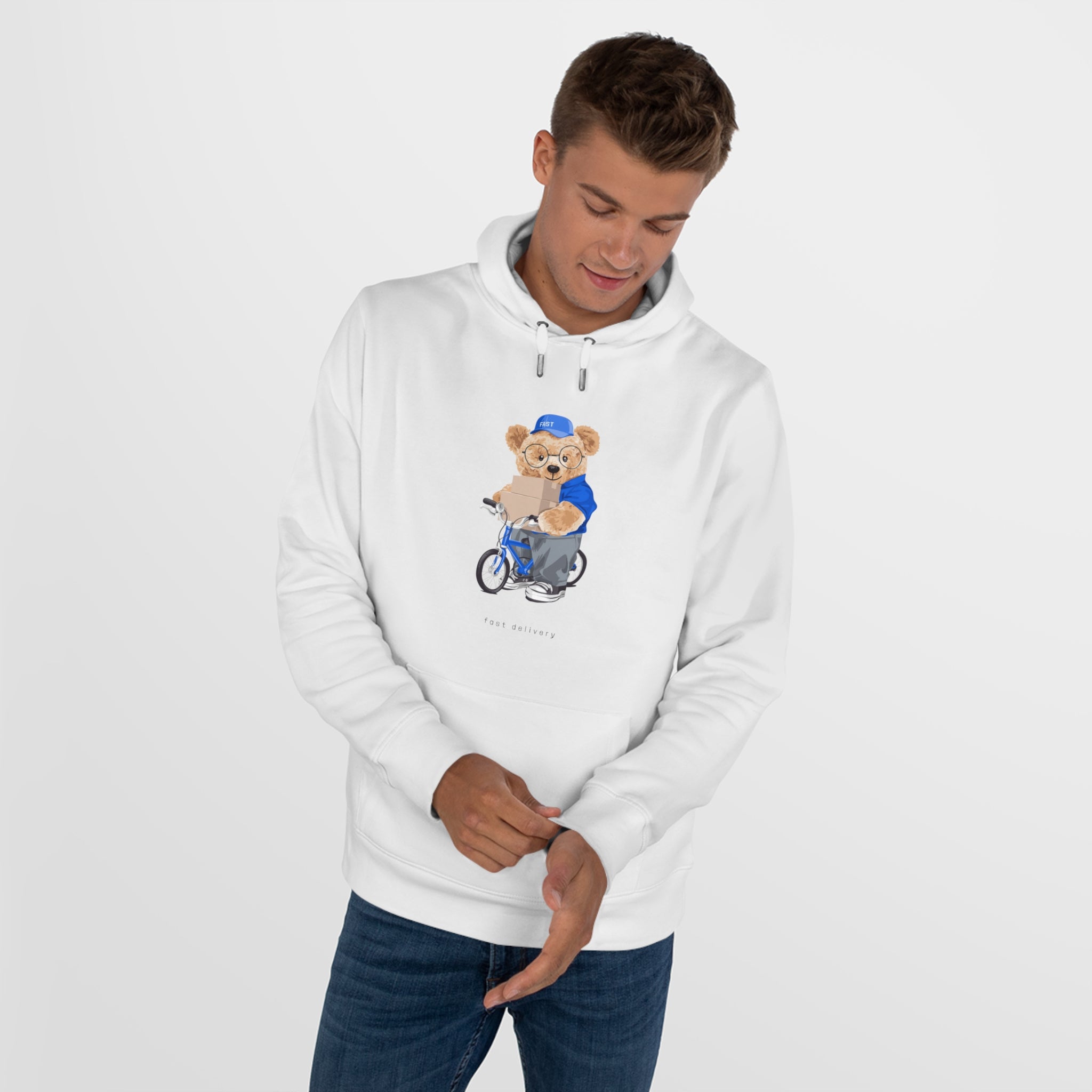 White polo hoodie online with bear